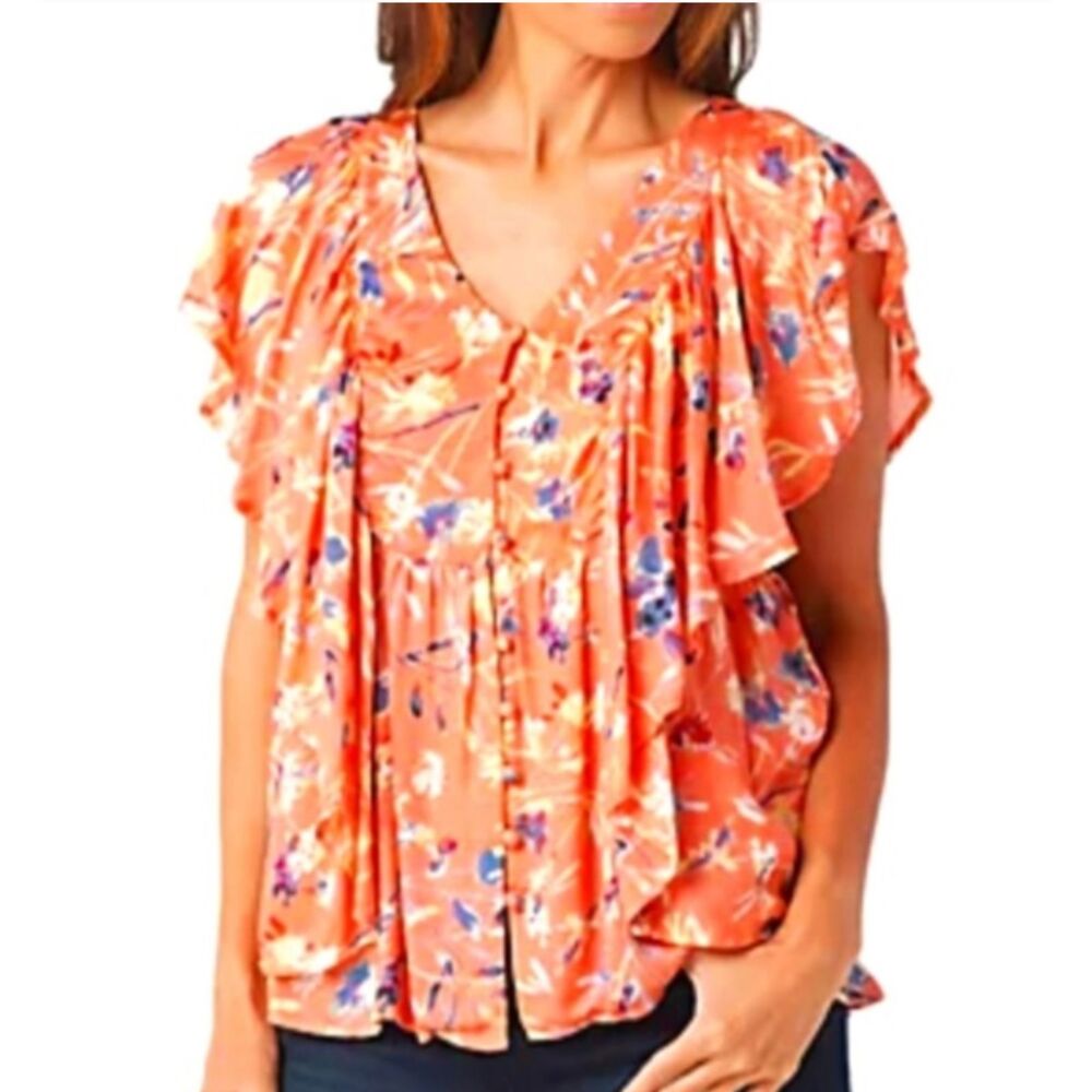 Haute Hippie Tribe Karen Flutter Sleeve Orange Button Front Top Women's Medium